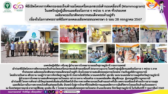 แพทย์หญิงนิธิมา ศรีเกตุ ผู้อำนวยการโรงพยาบาลมะเร็งสุราษฎร์ธานี กรมการแพทย์ เข้าร่วมพิธีเปิดโครงการคัดกรองมะเร็งเต้านมโดยเครื่องเอกซเรย์เต้านมเคลื่อนที่ (Mammogram) ในสตรีกลุ่มผู้เสี่ยงและด้อยโอกาส 4 หน่วย 4 ภาค ทั่วประเทศ เฉลิมพระเกียรติพระบาทสมเด็จพระเจ้าอยู่หัว ด้วยโรงพยาบาลสมเด็จพระยุพราชเวียงสระ ร่วมกับมูลนิธิกาญจนบารมี