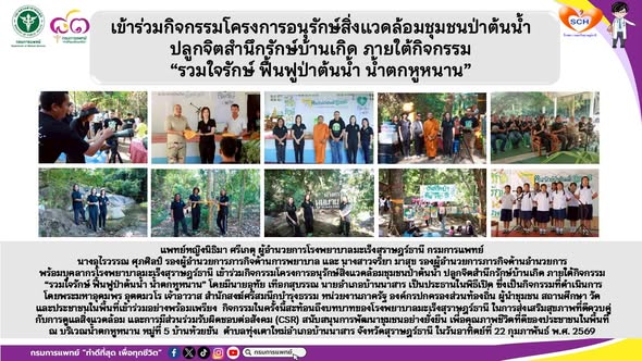 แพทย์หญิงนิธิมา ศรีเกตุ ผู้อำนวยการโรงพยาบาลมะเร็งสุราษฎร์ธานี กรมการแพทย์  นางอุไรวรรณ ศุภศิลป์ รองผู้อำนวยการภารกิจด้านการพยาบาล และ นางสาวจริยา มาสุข รองผู้อำนวยการภารกิจด้านอำนวยการ  พร้อมบุคลากรโรงพยาบาลมะเร็งสุราษฎร์ธานี เข้าร่วมกิจกรรมโครงการอนุรักษ์สิ่งแวดล้อมชุมชนป่าต้นน้ำ ปลูกจิตสำนึกรักษ์บ้านเกิด ภายใต้กิจกรรม  “รวมใจรักษ์ ฟื้นฟูป่าต้นน้ำ น้ำตกหูหนาน”